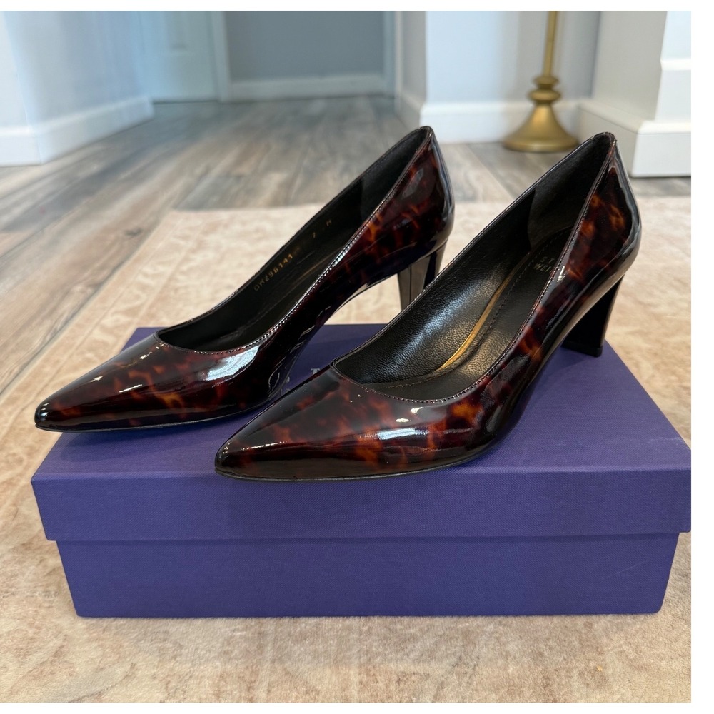Stuart Weitzman News Cognac‎ Tartaruga Tortoiseshell Patent Leather Pumps 7M
